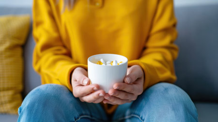 A young person wearing a cozy yellow sweater sits comfortably on a gray couch, holding a white bowl filled with colorful pills and supplements, promoting health and wellness.の素材