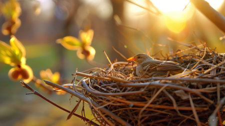 A tranquil scene of a bird resting in its nest, surrounded by the gentle light of sunrise. The soft glow highlights the peaceful connection with nature.の素材