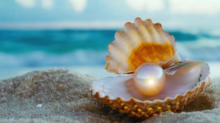 A stunning shell with a lustrous pearl rests on fine sand, with gentle ocean waves softly lapping the shore under a serene blue sky.の素材