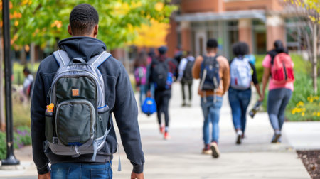 A vibrant scene of diverse students walking on campus amidst colorful autumn foliage, representing the lively atmosphere of academic life and community.の素材