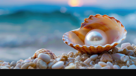 A captivating close-up of a glittering pearl nestled inside a richly patterned seashell resting on soft sandy beach, with a serene ocean backdrop at sunset.の素材