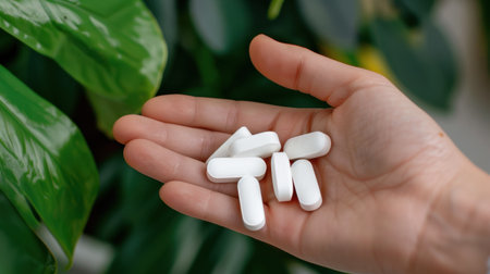 A hand gently holds white tablets surrounded by lush green leaves, symbolizing a blend of health and nature, ideal for wellness and pharmaceutical themes.の素材