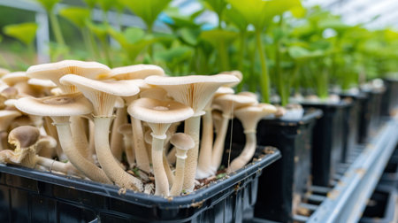 This image captures freshly harvested edible mushrooms thriving in a greenhouse setting, surrounded by vibrant green plants, signifying sustainable agriculture.の素材
