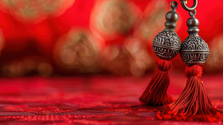 Set of decorative bronze earrings with red tassels showcased against a vibrant red fabric background, highlighting intricate craftsmanship and cultural significance.の素材