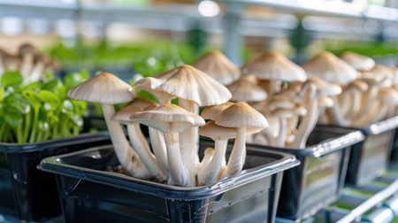 Explore the vibrant world of mushroom cultivation with this image showcasing fresh mushrooms growing in black containers within a greenhouse environment.の素材