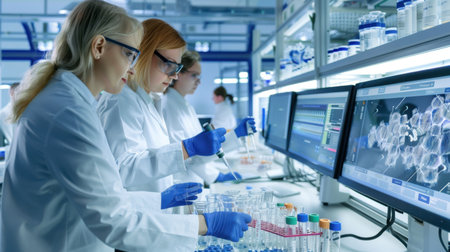 Three women wearing lab coats and gloves are conducting experiments in a modern laboratory, utilizing test tubes and high-tech monitors to analyze data.の素材