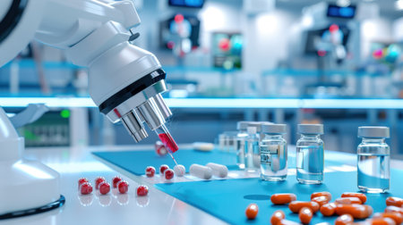A close-up view of a modern scientific laboratory showcasing a microscope, various test vials, and an assortment of medical pills on a table surface.の素材