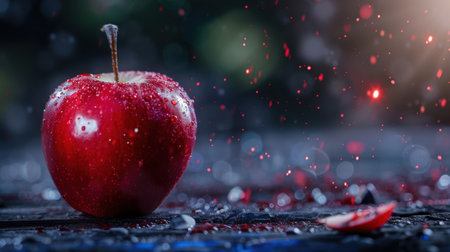 A stunning close-up of a fresh red apple adorned with glistening water droplets on a dark background. Perfect for conveying freshness and vitality.の素材