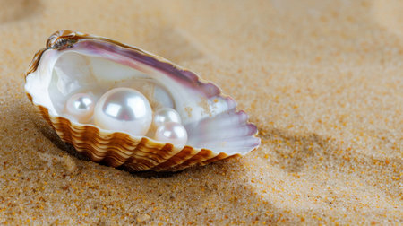 This stunning close-up image showcases an open seashell adorned with lustrous pearls, nestled delicately in soft sand. A perfect representation of natural beauty.の素材