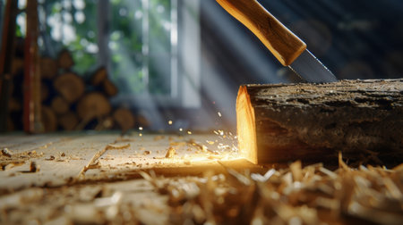 A beautiful scene depicting a saw cutting through a log in a workshop, surrounded by wood shavings and warm sunlight illuminating the space.の素材