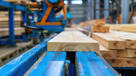 This image showcases a freshly cut wooden plank prominently placed on a vibrant blue conveyor in a modern lumber mill, emphasizing the craftsmanship and industrial process.の素材