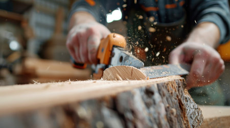 A focused carpenter skillfully cuts a fresh wood log using a hand saw in a workshop, creating dust and wood shavings that highlight craftsmanship.の素材