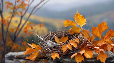 A serene autumn scene featuring a cozy bird nest surrounded by vibrant orange and yellow leaves, set against a blurred natural background, evoking peace.の素材