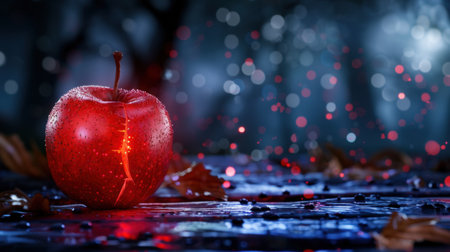 This stunning red apple, adorned with water droplets, stands out against a blurred dark background filled with vibrant bokeh lights, creating a moody and atmospheric visual.の素材