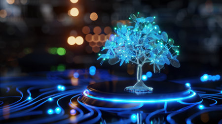 This striking image features a futuristic tree with neon glowing leaves set against a dynamic technological background, symbolizing innovation and growth.の素材