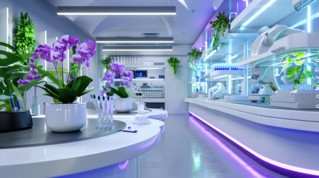 A vibrant modern laboratory interior showcasing elegant plant arrangements, sleek surfaces, and advanced technological elements, promoting a fresh and innovative work environment.の素材