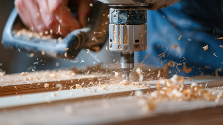 A skilled carpenter operates a drill on wooden planks, sending fine shavings and dust into the air, capturing the art of woodworking in a workshop setting.の素材