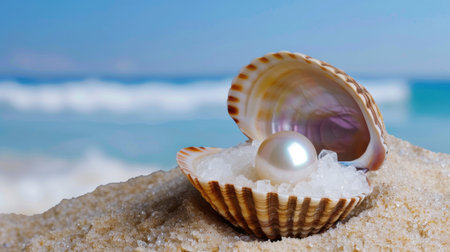 A stunning seashell opens to reveal a shining pearl nestled in soft sand, set against a backdrop of gentle ocean waves and a clear blue sky, evoking serenity.の素材