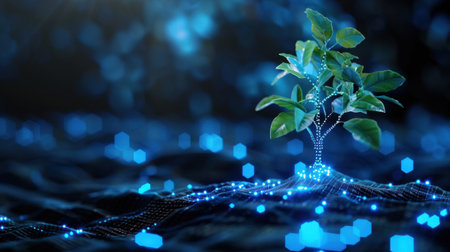 A visually striking representation of a tree emerging from a digital landscape, blending nature with technology, symbolizing growth and innovation in a vibrant ecosystem.の素材