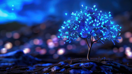 A mesmerizing blue tree with heart-shaped leaves casts a glow in a dreamlike night landscape, exuding a sense of magic and tranquility in natureの素材