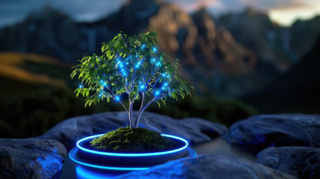 A stunning illuminated tree stands on rocks, radiating a soft glow amidst a majestic mountain landscape, creating a serene and mystical atmosphere.の素材