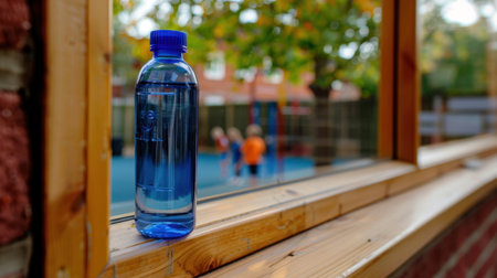 A clear blue water bottle rests on a wooden windowsill, with children enjoying playful activities in the background at a vibrant playground.の素材