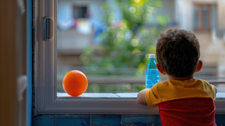 A young boy sits by the window, looking outward and admiring the lively scenery. Nearby, an orange ball and a blue beverage bottle add vibrant color to the scene.の素材