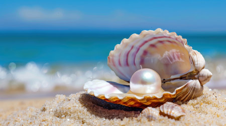 A captivating close-up image features a beautiful seashell cradling a lustrous pearl, set against a sandy beach and gentle ocean waves.の素材