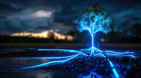 A surreal depiction of a glowing tree with neon blue roots, set against a dramatic night sky. This enchanting image evokes tranquility and wonder in nature.の素材
