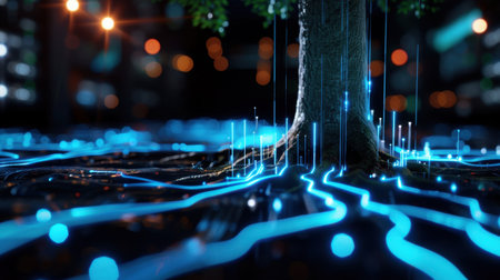 A captivating image of a tree with glowing roots seamlessly integrated into a digital landscape. The illuminated lines create a mesmerizing visual of nature fused with technology.の素材