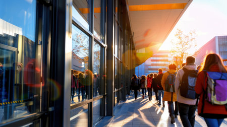 A vibrant scene of people walking along a sidewalk in an urban environment during sunset. The modern building reflects warm light, creating a lively atmosphere.の素材