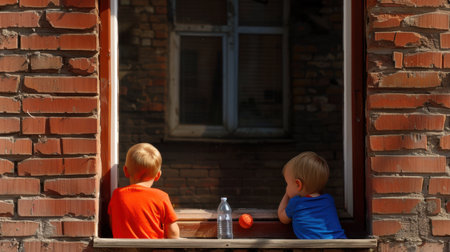 Two young children sit by a window, enjoying the warmth of sunlight while gazing outside. This candid moment captures joy, innocence, and childhood exploration.の素材
