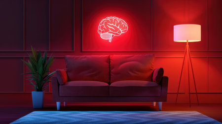 A modern living room scene featuring a plush couch illuminated by red neon brain art. Stylish floor lamp and minimalistic plant add elegance and warmth.の素材