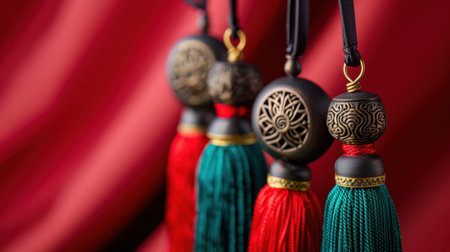 This image showcases colorful decorative tassels featuring intricate designs, elegantly crafted with a blend of red and green, against a soft red fabric backdrop.の素材