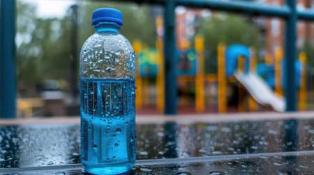 A vibrant blue water bottle sits on a wet surface, glistening with raindrops. In the background, colorful playground equipment invites outdoor play and fun.の素材