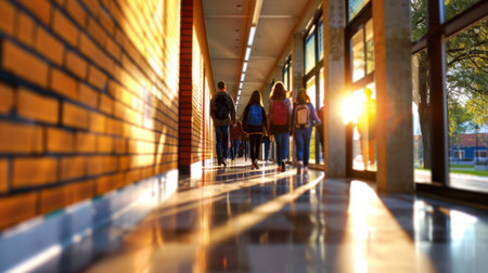 A group of students walks through a bright and spacious hallway, illuminated by sunlight, capturing the essence of learning and social interaction in school.の素材