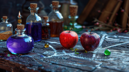 A captivating arrangement featuring two fresh red apples on a rustic wooden table, surrounded by colorful potion bottles, evoking a sense of magic and creativity.の素材
