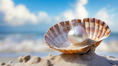 This stunning image captures a radiant pearl nestled in a seashell on a sandy beach. The beautiful backdrop features soft clouds and calm ocean waves, embodying tranquility and natural beauty.の素材