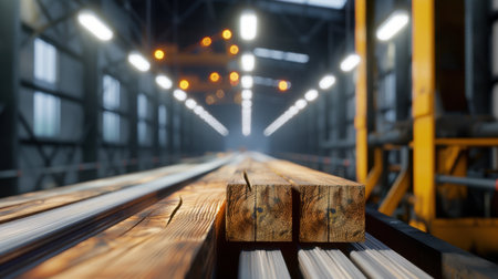 A captivating close-up image of wooden beams in a spacious industrial warehouse, featuring warm lighting that enhances the ambiance and depth perspective.の素材