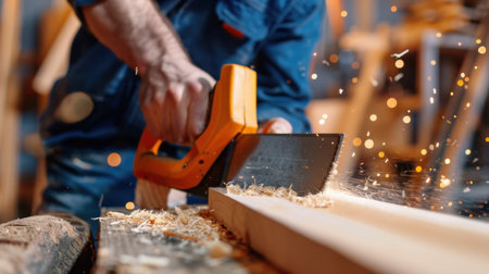 A skilled carpenter actively works on a woodworking project using an electric saw, with sparks and wood shavings flying in a creative workshop environment.の素材