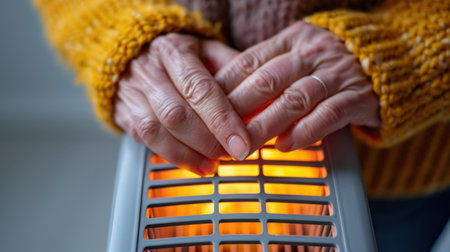 A close-up view of hands resting on a space heater, highlighting the comfort and warmth it provides during cold winter days in a cozy home atmosphere.の素材