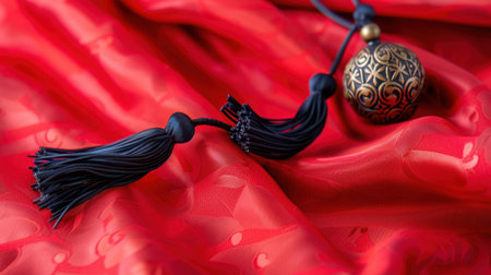 A captivating close-up of elegant red fabric featuring decorative tassels and an ornate ball pendant, showcasing cultural craftsmanship and luxury.の素材