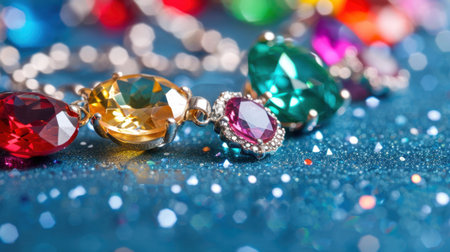 Close-up view of colorful gemstones and jewelry pieces arranged on a sparkling surface, showcasing rich colors and intricate details perfect for luxury themes.の素材