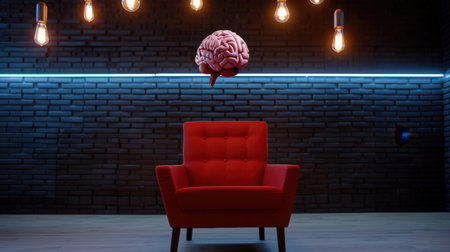 A striking image featuring a red armchair under warm lighting, with a floating brain symbolizing creativity and inspiration, perfect for modern decor themes.の素材