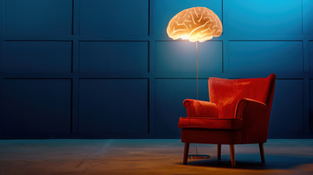 A striking image of a brain-shaped lamp illuminating a red armchair in a modern interior. The blue background adds a creative and stylish touch, perfect for artistic themes.の素材