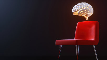 This artistic image features a striking red chair paired with an illuminated brain model, symbolizing creativity and innovative thinking in a minimalist environment.の素材