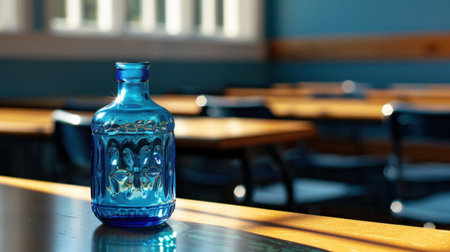 A striking blue glass bottle rests on a wooden table in an empty classroom, illuminated by warm natural light, creating a calm and inviting atmosphere.の素材