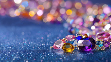 A close-up image featuring a beautiful assortment of colorful gems and crystal beads resting on a shimmering surface, creating a captivating visual display.の素材