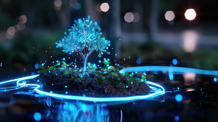 A mesmerizing depiction of a luminous tree thriving on a small island, surrounded by glowing blue water and a serene nighttime backdrop, perfect for creative projects.の素材