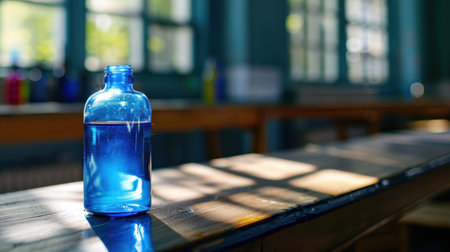 A vibrant blue glass bottle filled with clear water sits on a wooden table, illuminated by soft sunlight, creating a serene and calming atmosphere.の素材